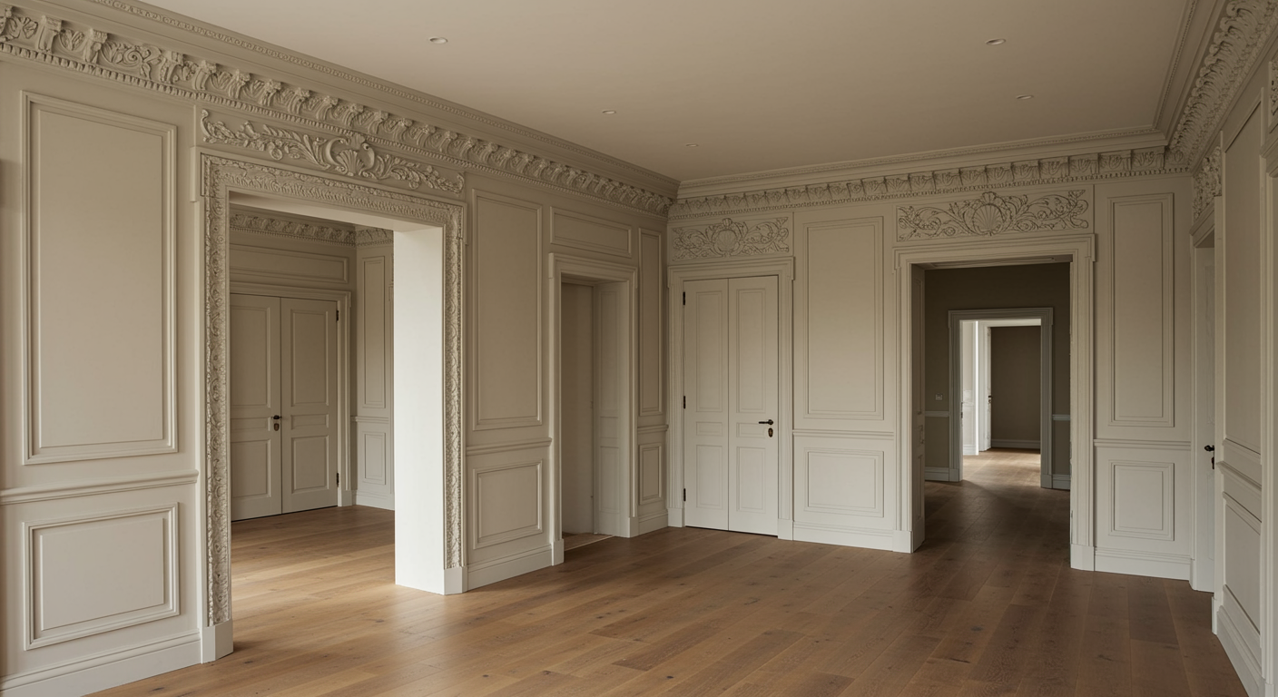 Elegant interior space with intricate ornamental cornices and bespoke moldings